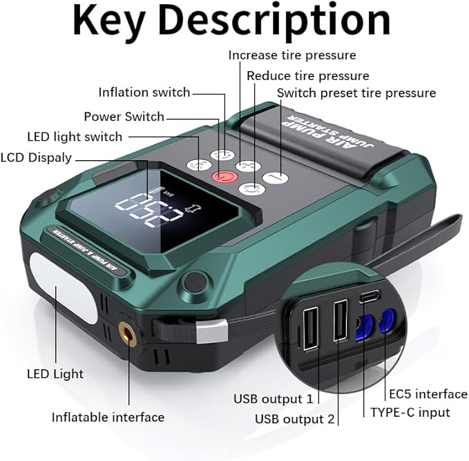 Jump Starter with Air Compressor,2000A 150PSI Car Jump Starter,21800mAh Battery Jump Starter Portable,12V Jump Box with Smart Jumper Cable LCD Display,Lights(Up All Gas/12.0L Diesel)