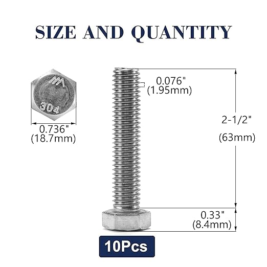 1/2-13 x 2-1/2" Hex Head Screw Bolt, 10Pcs 18-8 (304) Stainless Steel, Fully Threaded, Plain Finish, by SG TZH
