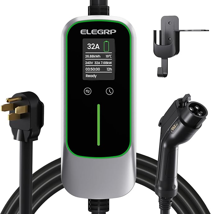 ELEGRP Level 2 EV Charger for Home, 32 Amp, ETL Certified, PBE & LCD Technology, 25ft J1772 Cable with NEMA 14-50 Plug, Plug and Play, 240V for BEVs/PHEVs