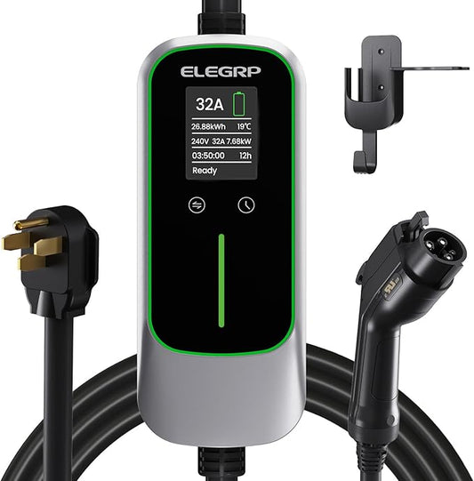 ELEGRP Level 2 EV Charger for Home, 32 Amp, ETL Certified, PBE & LCD Technology, 25ft J1772 Cable with NEMA 14-50 Plug, Plug and Play, 240V for BEVs/PHEVs