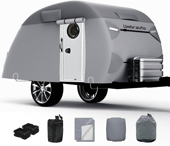 Umbrauto Teardrop Trailer Covers Fits 12-15ft Campers, 7 Layers Top Heavy Duty Waterproof Camper Cover with Windproof Strap for R-Pod Trailers, Clamshell Trailers