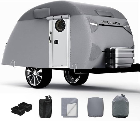 Umbrauto Teardrop Trailer Covers Fits 12-15ft Campers, 7 Layers Top Heavy Duty Waterproof Camper Cover with Windproof Strap for R-Pod Trailers, Clamshell Trailers