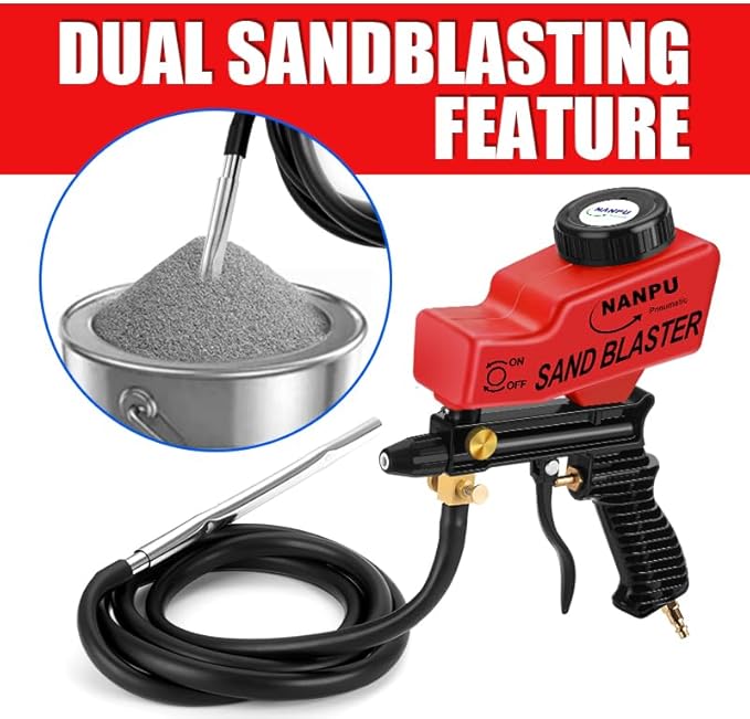 NANPU Light-Duty Air Sandblaster Gun Kit with Siphon & Gravity Feed, Ceramic Nozzle, Metal Body, for Small Project Surface Prep, Paint & Rust Removal, Metal/Wood/Glass Etching，Requires Air Compressor