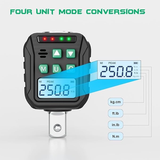 1/2-Inch Digital Torque Adapter, 12.54-250.8 Ft.lb/17-340 N.m, Electronic Torque Wrench Converter with ±2% Accuracy, Preset Function, Data Storage, 3/8” & 1/4” Adapter for Bike, Moto, Car