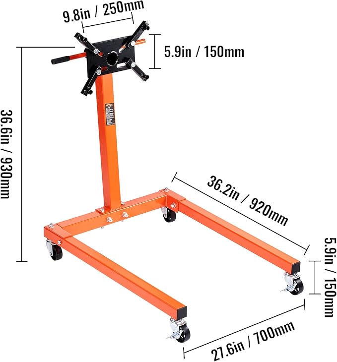 VEVOR Engine Stand, 1300 lbs (3/5 Ton) Rotating Engine Motor Stand with 360 Degree Adjustable Head, Cast Iron Motor Hoist Dolly, 4-Caster, 4 Adjustable Arms, for Vehicle Maintenance, Auto Repair