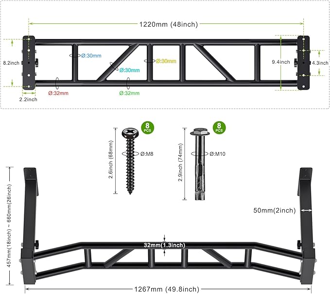 Kipika 48" Ceiling Mounted Pull Up Bar, Heavy Duty Multi-Grip Chin Up Bar,Mounted Pull Up Bar, Adjustable Height, Pull Up Bands for Chin Ups & Body Stretching, Ideal for Home Gym and Strength Training
