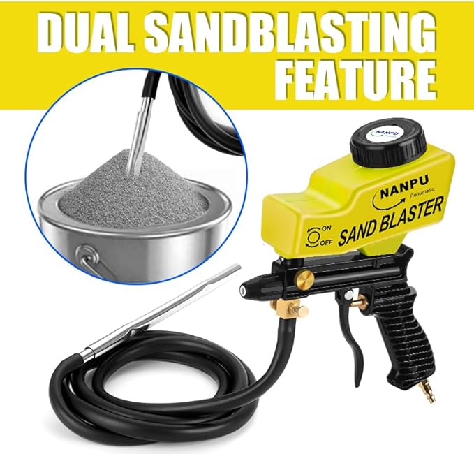 NANPU Light-Duty Air Sandblaster Gun Kit with Siphon & Gravity Feed, Ceramic Nozzle, Metal Body, for Small Project Surface Prep, Paint & Rust Removal, Metal/Wood/Glass Etching, Requires Air Compressor