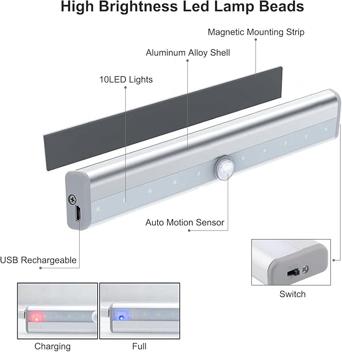 Motion Activated RV Step Lights, 10 LED USB Rechargeable RV Motion Sensor Led Light Strip, Wireless Magnetic Camper Step Lights Bar for Motorhome Travel,Travel Trailers, Camper (2 Pack)