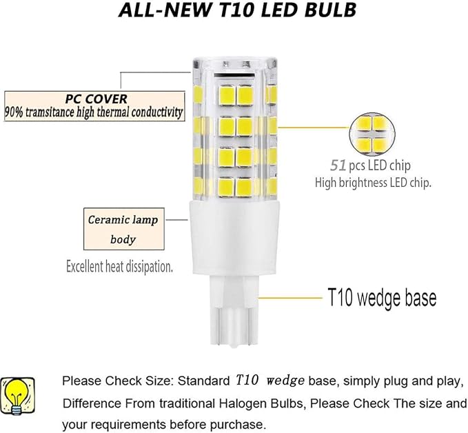 12 Volt 921 Wedge Replacement LED Bulb, T10 12V Interior Lighting RV Light Bulbs for Trailer Motorhome 5th Wheel, 400LM Marine Boat Dome Light Replacement(5Pack, 6000K White)