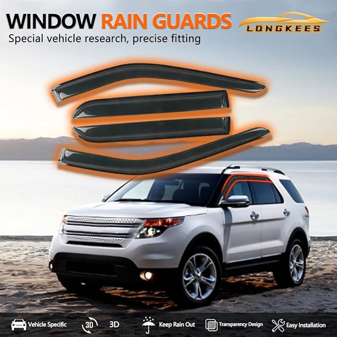 in-Channel Window Visors Rain Guards FIT Ford Explorer 2020-2025 (2020-2025) – 4-Piece in-Channel Dark-Smoke Polycarbonate Vent Deflectors