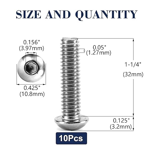 1/4-20 x 1-1/4" Button Head Socket Cap Bolts Screws, 10Pcs 304 Stainless Steel 18-8, Allen Hex Drive, Bright Finish by SG TZH(with Hex Spanner)