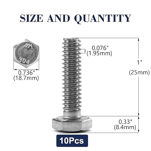 1/2-13 x 1 Hex Head Screw Bolt, 10Pcs 18-8 (304) Stainless Steel, Fully Threaded, Plain Finish, by SG TZH