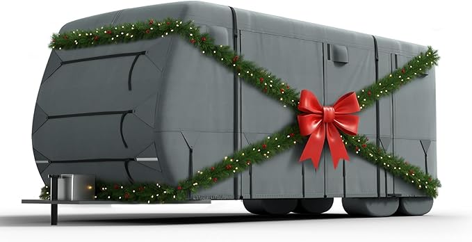 KING BIRD RV Cover, Heavy Duty 5-Layer Snow Protection, Fits 27-30ft Travel Trailers Campers, with Adhesive Repair Patches,Windproof Straps&Tire Covers