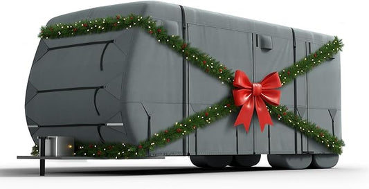 KING BIRD RV Cover, Heavy Duty 5-Layer Snow Protection, Fits 27-30ft Travel Trailers Campers, with Adhesive Repair Patches,Windproof Straps&Tire Covers