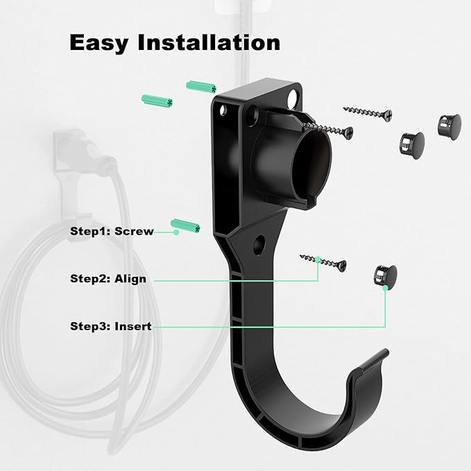 EV Charger Holder for SAE J1772 Charger, Wall-Mount Electric Vehicle Charger Holster with Hook for J1772 Connector, 3 pcs Screws, 3 pcs Wall Anchors, 3 pcs Dust Caps