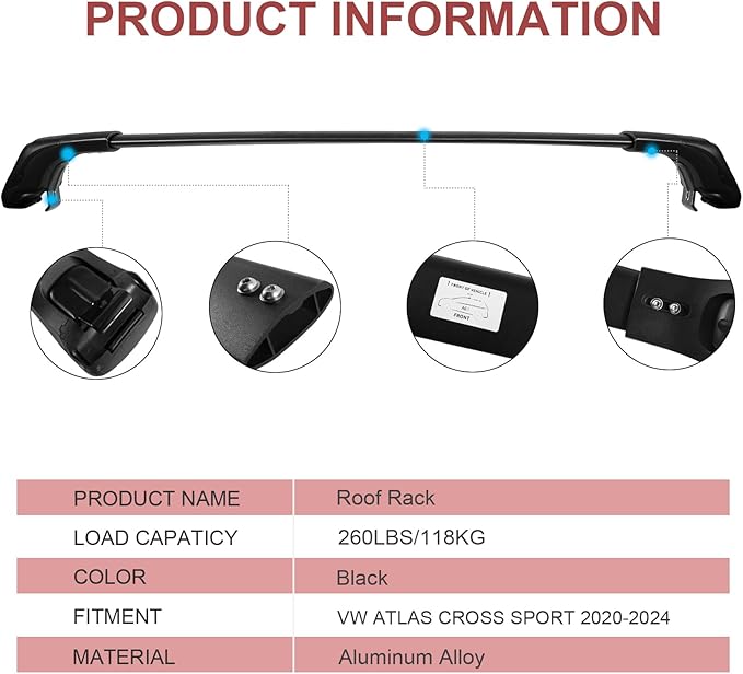 KINGGERI Lockable 260Lbs Roof Rack Cross Bars Compatible with Volkswagen VW Atlas Cross Sport 2020-2026 (with Flush Side Rails), Heavy Duty Aluminum Crossbars All Metal Accessories