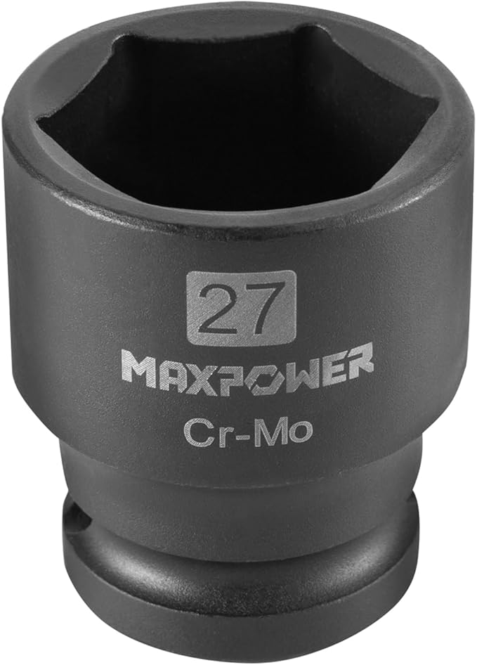 MAXPOWER 1/2 Inch Drive 27mm Standard Impact Socket, Made with Heat-Treated Chrome Molybdenum Steel, 6-Point Design, Metric