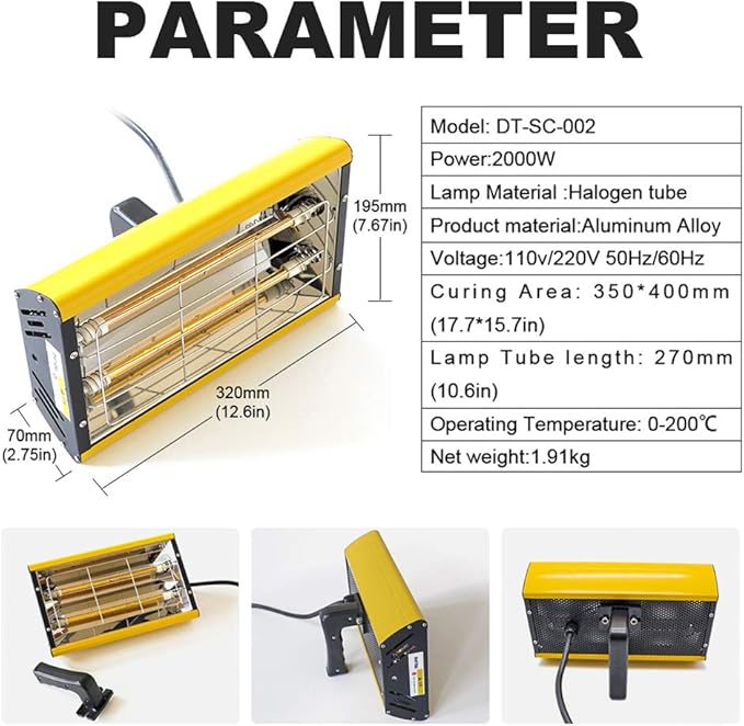 DATOUBOSS Portable Infrared Paint Curing Lamp 2000w Handheld Infrared Paint Baking Lamp Shortwave Infrared Heating Light Car Body Repair Tool