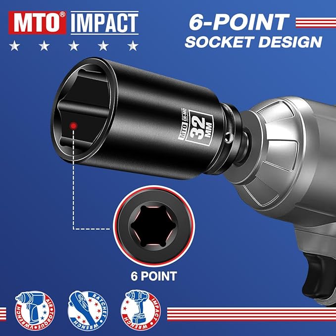 MTO 1/2" Drive 32mm Deep Impact Socket, 6 Pt. Metric Socket, CR-MO Steel & Anti-Corrosion Coating for Heavy-Duty Use