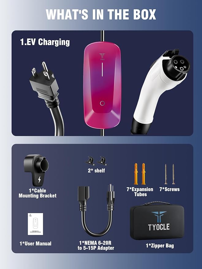 2025 New Level 1 & 2 EV Charger (16Amp, 110V-240V, 23Ft Cable) Portable AI Fast Charger Equipment, Charging for J1772 Electric Vehicle, Hybrids, Model with A NEMA 6-20P Mobile Car(NOT for Tesla)