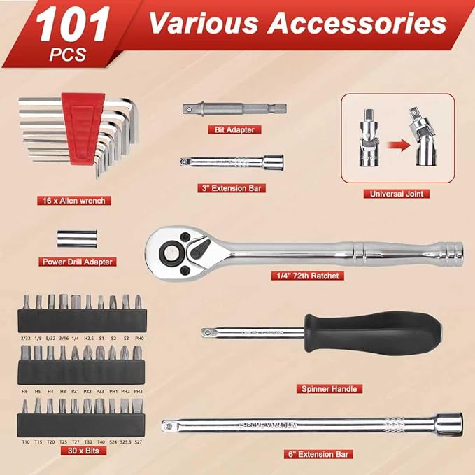 Egofine 1/4”Drive Socket Ratchet Wrench Set,101 PCS Metric(4-14mm),SAE(5/32-9/16”),with 72-Teeth Ratchet Wrench,Bit Socket Set,Extension Bar,Allen wrench for Auto Repair and Household