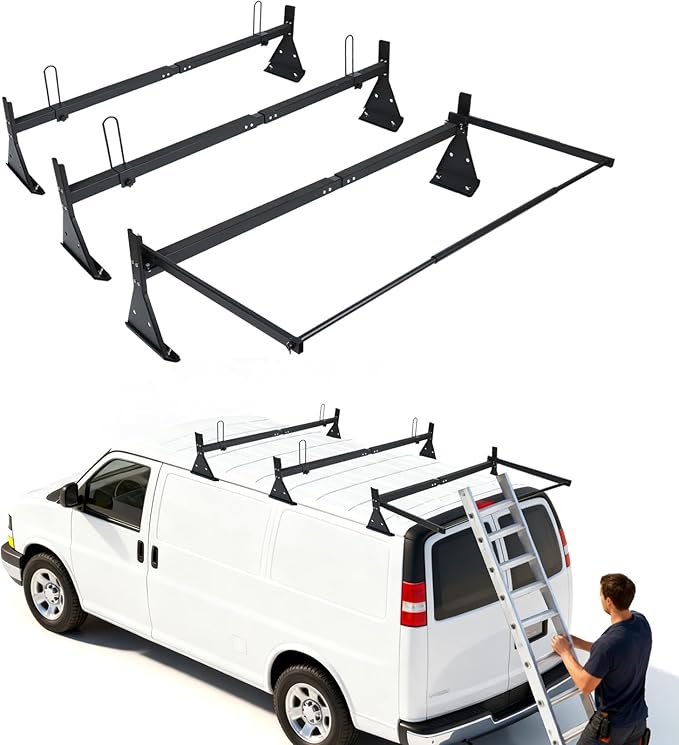 hightall Universal Van Ladder Rack with Roller,Adjustable Length 57-70" with Cargo Stoppers for Van with Rain Gutter,Compatible with Chevy Express 1500 2500 3500 Ford Econoline GMC Savana