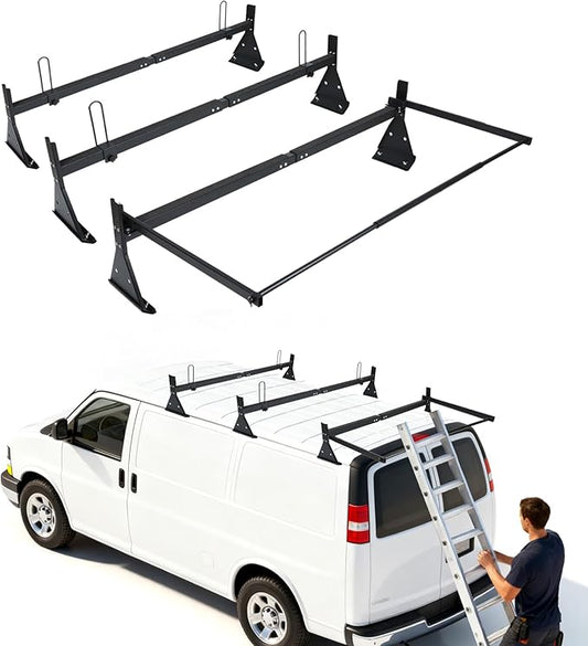hightall Universal Van Ladder Rack with Roller,Adjustable Length 57-70" with Cargo Stoppers for Van with Rain Gutter,Compatible with Chevy Express 1500 2500 3500 Ford Econoline GMC Savana