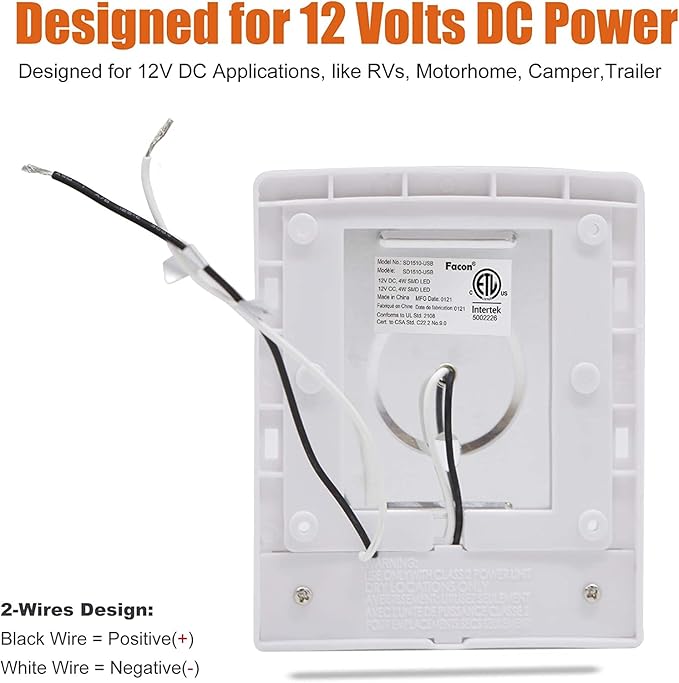 Facon 12V RV Interior Lights with Fast USB Charger (5V/2.4A) – Square Pancake LED Ceiling Light Fixture with Switch, 12Volt Lighting for RV, Camper, Boat, Tiny Homes