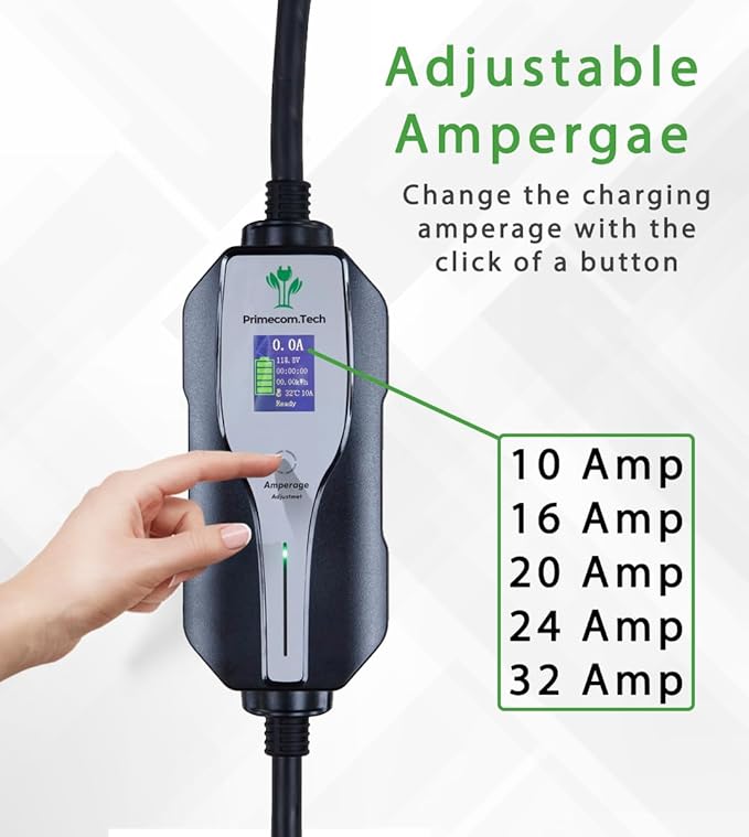 PRIMECOMTECH Level 2 Electric Vehicle (EV) Charger Amperage Adjustable (10Amp - 16Amp - 20Amp - 24Amp - 32Amp) 30Ft Cable EVSE Plug-in Hybrid (40 FT, 6-30P)