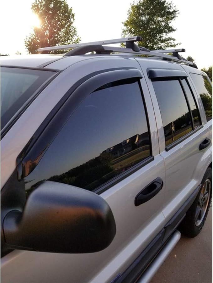 Lightronic Extra Durable Outside Mount Auto Vent Window Visor, Fits 1999-2004 Jeep Grand Cherokee, UV Protection Rain Guard, Original Wind Deflector, No-Drill Easy Install, Dark Smoke, 4-Pcs
