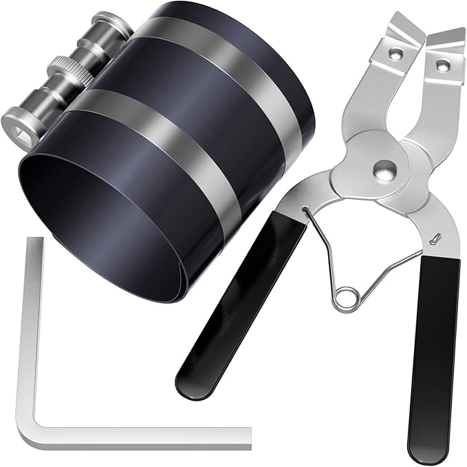 Moker Piston Ring Compressor Tool,Car Engine Piston Ring Installer Removal Kit，Adjustable Sizes From 2-1/8 Inches To 7 Inches (53mm - 175mm) with Piston Installer Plier