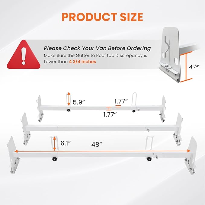 Van Roof Ladder Rack, 3 Adjustable Crossbars (48"-67") with Rain Gutter Mounts, Compatible with Chevy Express 1500/2500/3500, Ford Econoline, and GMC Savana Cargo Vans