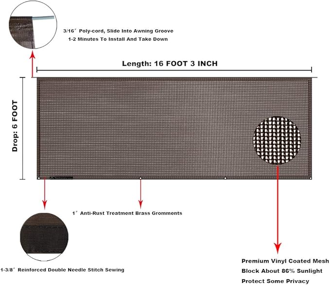 Tentproinc RV Awning Sunshade Screen 6' X 16' 3''- Mesh Sun Shade for RV Awning Sunscreen Block Front UV Glare Motorhome Camping Trailer Awning UV Sunblocker -3 Year Warranty (Brown)