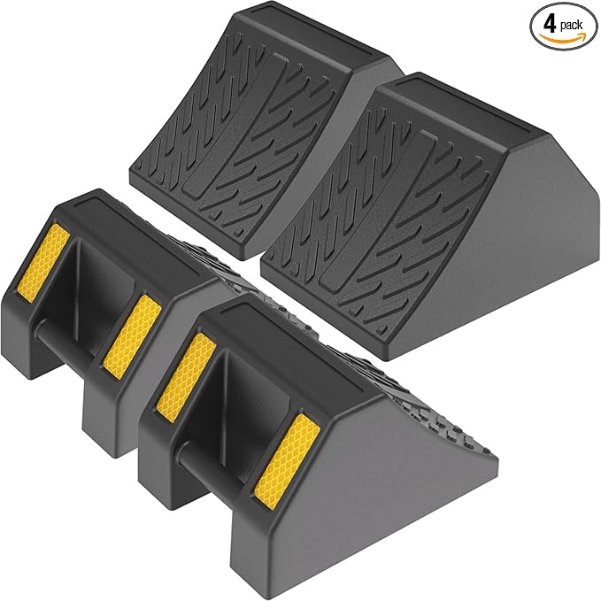 Heavy-Duty Rubber Wheel Chocks, Ergonomic Portable Durable Wheel Chock with Handle, Wheel Wedge, Wheel Stopper for Cars, Motorcycles, Travel Trailers (Large - 4Pack)