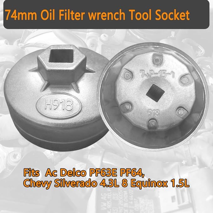 74mm 15-Flute 918 Oil Filter Wrench Tool Socket for AC Delco PF63E PF64, Fits Chevy Silverado 4.3L & Equinox 1.5L