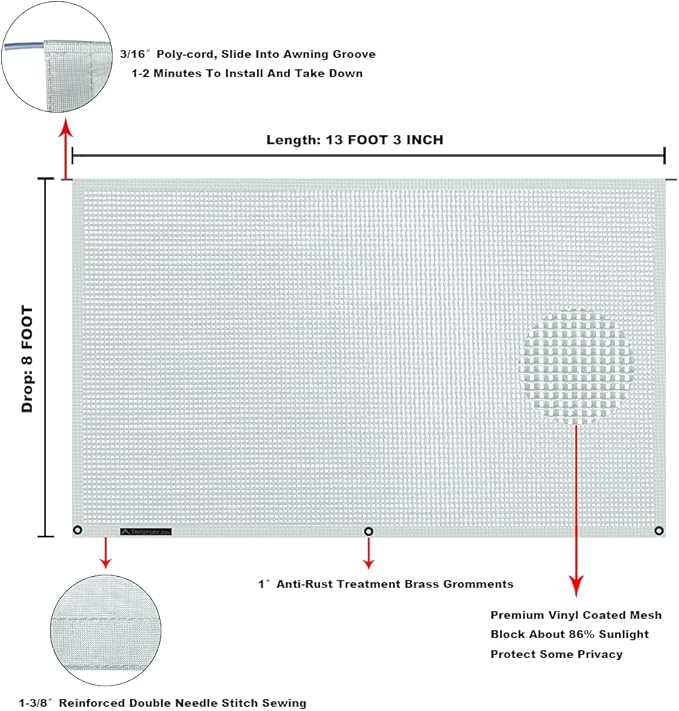 Tentproinc RV Awning Sun Shade Screen 8' X 13' 3'' (Fit for 14' Awning) Mesh Sunshade for RV Awning Sunscreen Motorhome Camper Trailer Awning Screenshade Block UV Glare - 3 Year Warranty (Gray)