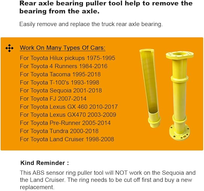 Rear Axle Bearing Puller Tool for Pickups (Hilux) 1975-1995, 4 Runners 1984-2013, Tacoma 1995-2016, Tundra 2000-2016, Sequoia 2001-2008, FJ Cruiser 2007-2013