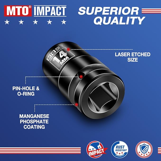 MTO 1/2" Drive 14mm Shallow Impact Socket, 6-Point Metric Socket for Automotive Maintaince, CR-V Steel Meets ANSI Standards
