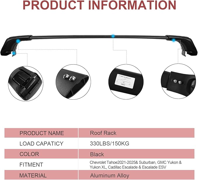 KINGGERI Lockable 330lbs Roof Rack Cross Bars Compatible with 2021 2022 2023 2024 2025 2026 Chevy Tahoe & Chevrolet Suburban & GMC Yukon XL & Cadillac Escalade ESV, Heavy Duty Rooftop Aluminum