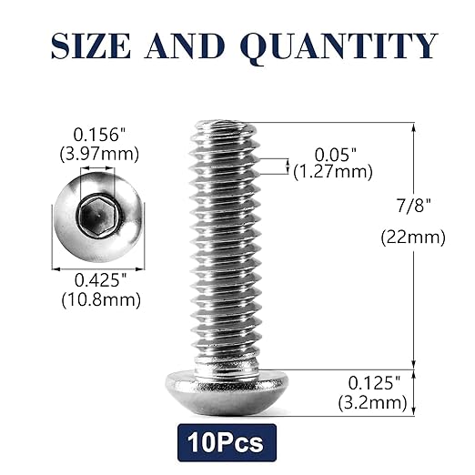1/4-20 x 7/8" Button Head Socket Cap Bolts Screws, 10Pcs 304 Stainless Steel 18-8, Allen Hex Drive, Bright Finish by SG TZH(with Hex Spanner)