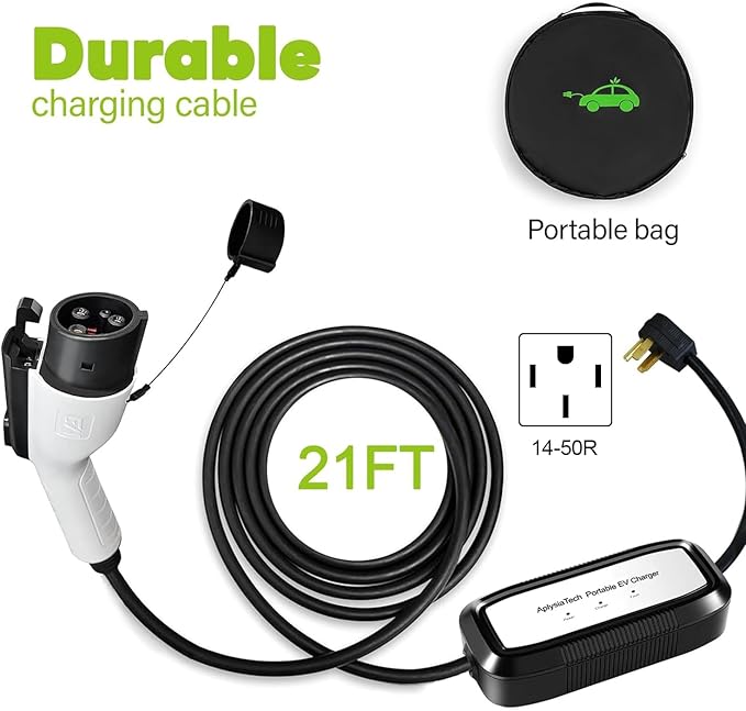Level 2 EV Charger (Max 32 Amp/7.68KW) Portable EVSE for SAE J1772 Charger EVs, NEMA14-50P and 21Ft Cable,Plug-in Home EV Charging Station