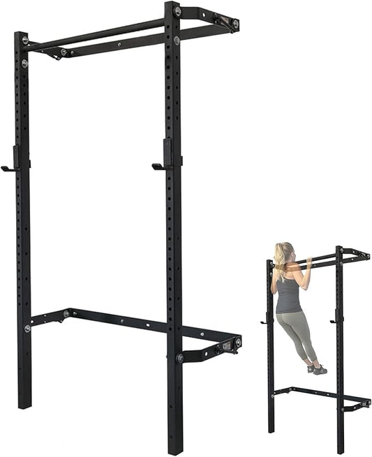 PRx Performance Murphy Foldable Squat Rack with Space-Saving Pull-Up Bar - Wall-Mounted Gym Equipment, Includes J-Cups for Barbell, Ideal for Strength Training, Bench Press and Leg Squats