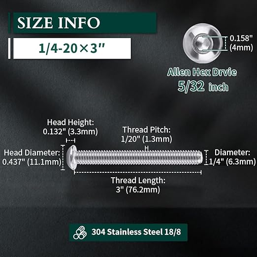1/4-20 x 3 Button Head Socket Cap Bolts Screws, 304 Stainless Steel 18-8, Allen Hex Drive, Bright Finish, Fully Machine Thread, Pack of 10