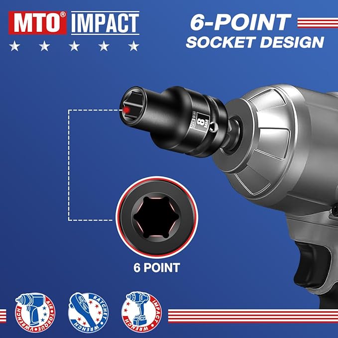 MTO 1/2" Drive 8mm Shallow Impact Socket, 6-Point Metric Socket, CR-MO Steel & Anti-Corrosion Coating for Tight Spaces and Heavy-Duty Tasks