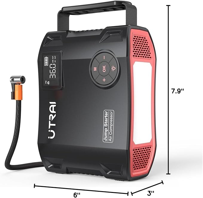 UTRAI Jump Starter with Air Compressor, 6000A 27000mAh Car Starter Jump Box with 150PSI Tire Inflator, Portable Jump Pack (All Gas/10L Diesel), DC160W, QC3.0 Jumper Cables, 1600LM Light