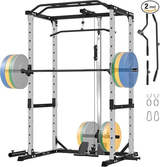 Power Rack Home Gym Package, 1600LBS Capacity Power Cage with 1.2" Diameter Multi-Grip Pull-Up Bar, LAT Pulldown System and Landmine Attachment, Gray P30