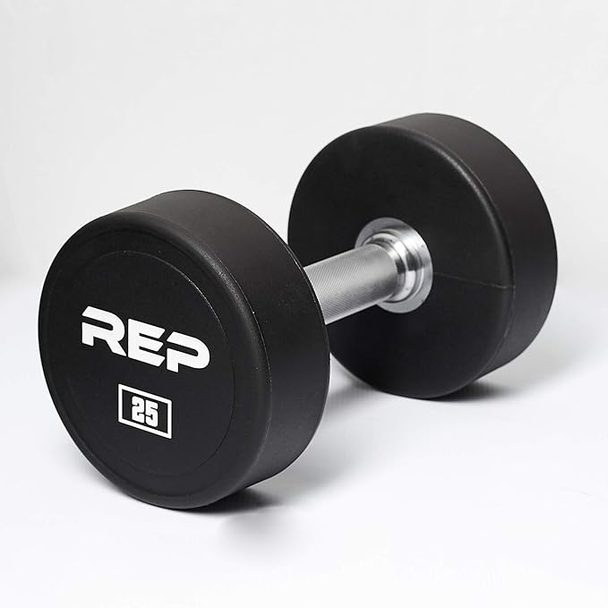 REP Fitness Urethane Coated Round Dumbbells, 5 to 100 lbs, Singles or Pairs, With or Without Rack, Steel Core, Rubber Encased, Chrome Handles, Professional Weights for Home Gym Strength Training