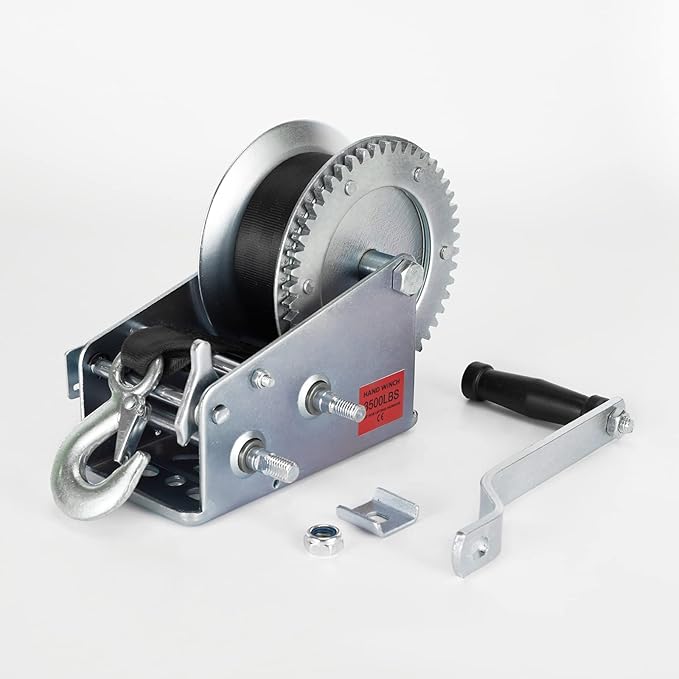 Trailer Boat Winch - 3500 lbs Hand Crank Winch with 26 ft Polyester Strap, Crank Trailer Winch with Heavy Duty Hook for Boat Trailer Towing RV ATV Truck