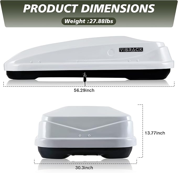 56" L Rooftop Cargo Box Carrier Large 13 Cubic Feet Car Top Mount Travel Luggage Storage,Hard Shell Roof Cargo Dual Side Opening,Heavy Duty Waterproof Rooftop Storage Box White