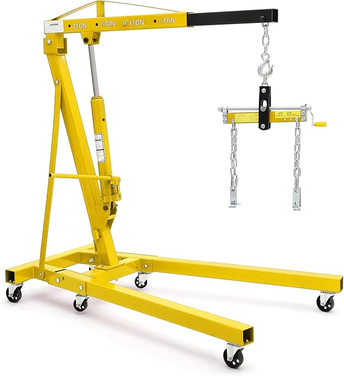2 Ton Folding Hydraulic Engine Hoist with Load Leveler 4400 LBS Capacity Heavy Duty Cherry Picker 6 Swivel Wheels&Hydraulic Pump Adjustable Boom (0.5T-2T) for Garage Workshop Warehouse Yellow